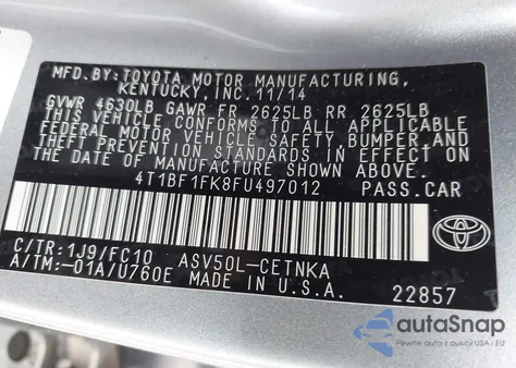 2015 Toyota Camry Le from USA, damaged, VIN 4T1BF1FK8FU497012